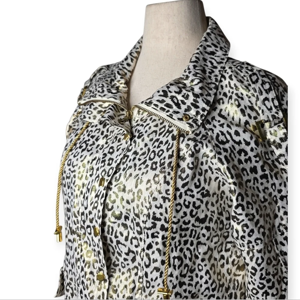 Vintage Just B Leopard Print Linen Jacket Gold Trim M 90s Y2K